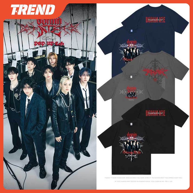 Stray Kids "dominATE" World Tour Merch เสื้อยืดผ้าฝ้ายสําหรับผู้ชายและผู้หญิง BANK CHANGBIN JISUNG FIX YUNJIN พิมพ์เสื้อแขนสั้น Plus ขนาดฤดูร้อน Street เสื้อลําลอง TEE