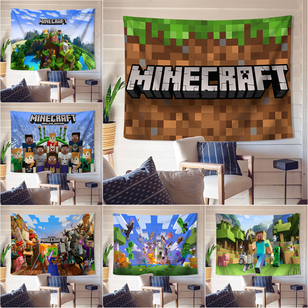 Minecraft Wall Tapestry พร้อมคลิปโพลีเอสเตอร์ Tapestries ห้องนอนแขวนผนัง
