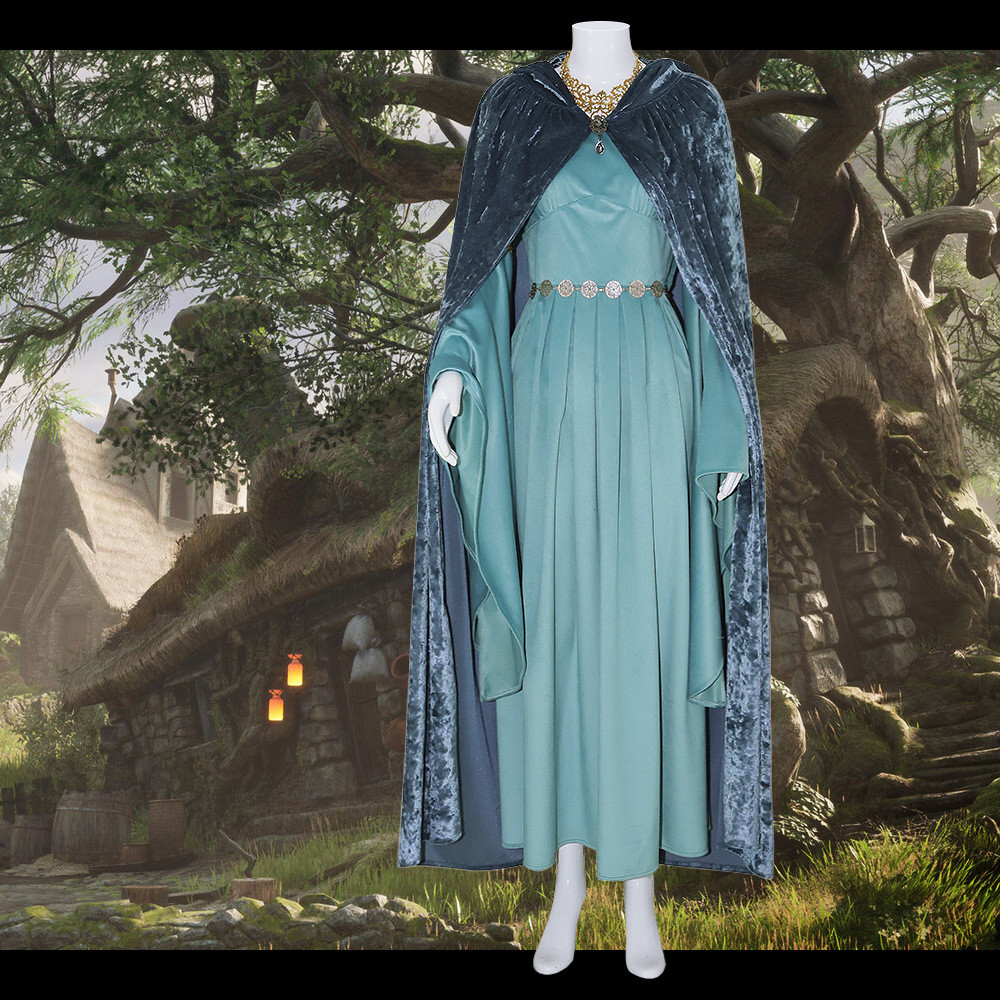 ชุดคอสเพลย์ลอร์ดออฟเดอะริงส์: ชุดราชินีของเอลฟ์เจ้าหญิงชุดสีฟ้าอ่อนและเสื้อคลุมคลุมด้วยผ้าฮาโลวีน