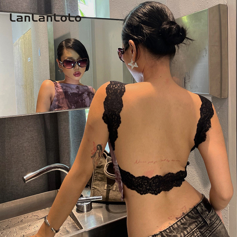 Lanlanlolo ผู้หญิง 2024 แฟชั่นพิมพ์ขอบลูกไม้เซ็กซี่เปลือย Causal Camisole