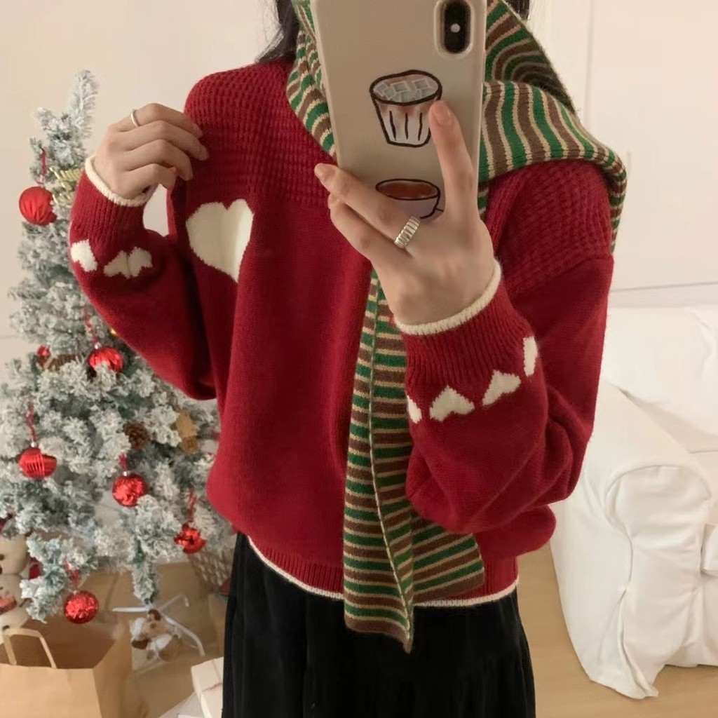 เสื้อสเวตเตอร์ถักรูปหัวใจสีตัดกันฤดูใบไม้ร่วงและฤดูหนาวสไตล์ใหม่แฟชั่นสไตล์ตะวันตกอารมณ์ลดอายุเสื้อสเวตเตอร์ทรงหลวมและบาง
