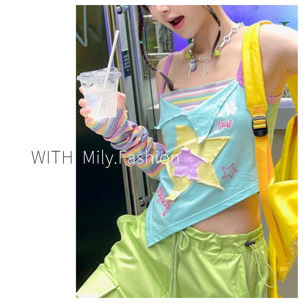 มิลิแฟชั่น สาวฤดูร้อนสวมเสื้อสายเดี่ยวหลากสีปลอมสองชิ้นสวมใส่ด้านนอกฤดูร้อนใหม่ยอดนิยมอินเทรนด์