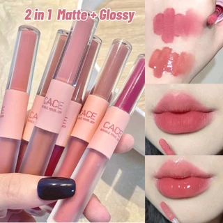 2 in 1 Glossy + MatteLiptint ชุด Double Head Matte Glossy ลิปสติกกันน้ํา Velvet Lip แต่งหน้า Rouge Lip Gloss
