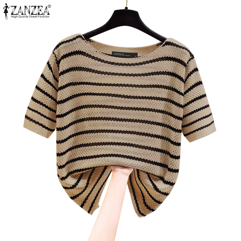 Zanzea เสื้อยืดแขนสั้นคอกลมพิมพ์ลายลายทางลําลองสไตล์เกาหลีสําหรับผู้หญิง