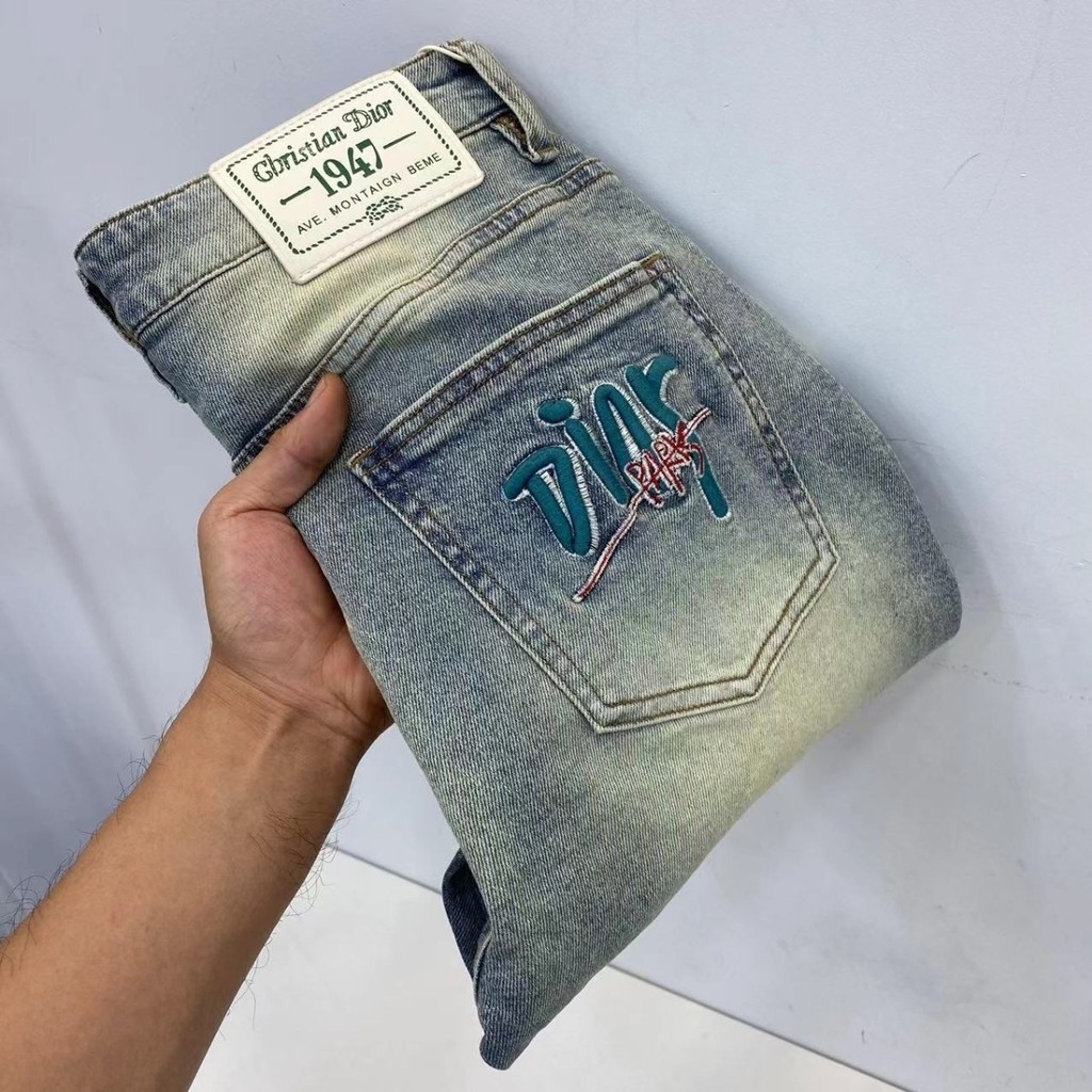 Dior Jeans Street Wear Stretch Mens Jeans Slim-fit กางเกง LV European