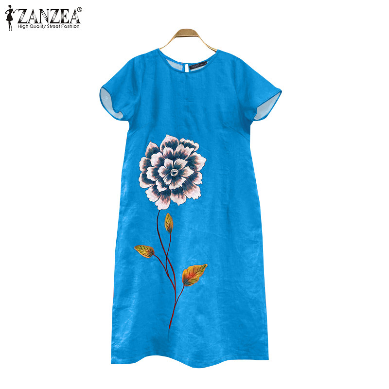 ZANZEA ซานเซีย ผู้หญิงเกาหลีลําลองพิมพ์เข่าความยาวแขนสั้นชุดหลวม