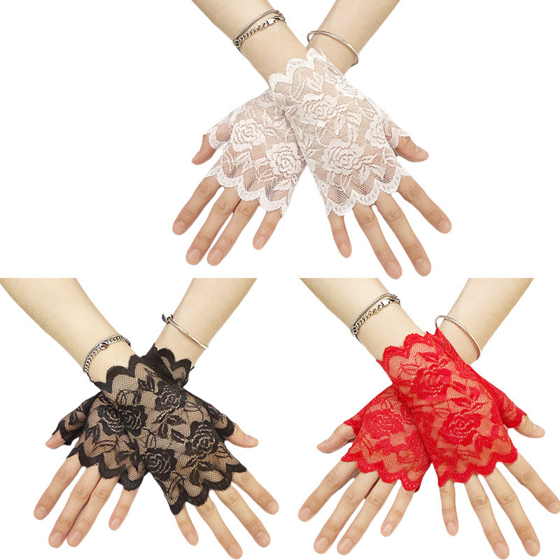 ผู้หญิงสั้นลูกไม้ Fingerless ถุงมือ Sunblock เจ้าสาวข้อมือดอกไม้ Mittens Opera ชุดราตรีงานแต่งงานคอสเพลย์ Mittens