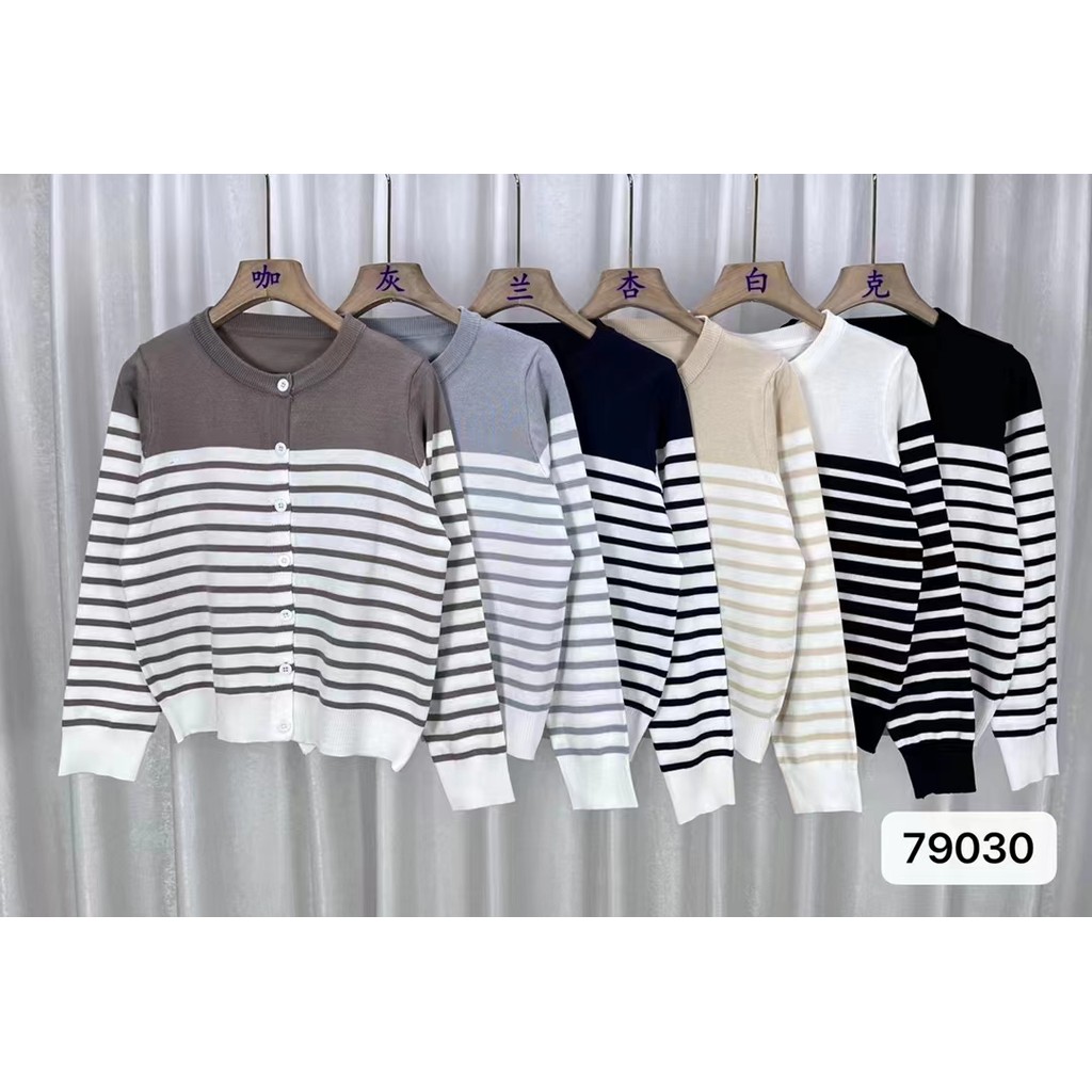 เสื้อโค้ทหลวมลายทางคอกลมสไตล์เกาหลีไซส์ใหญ่