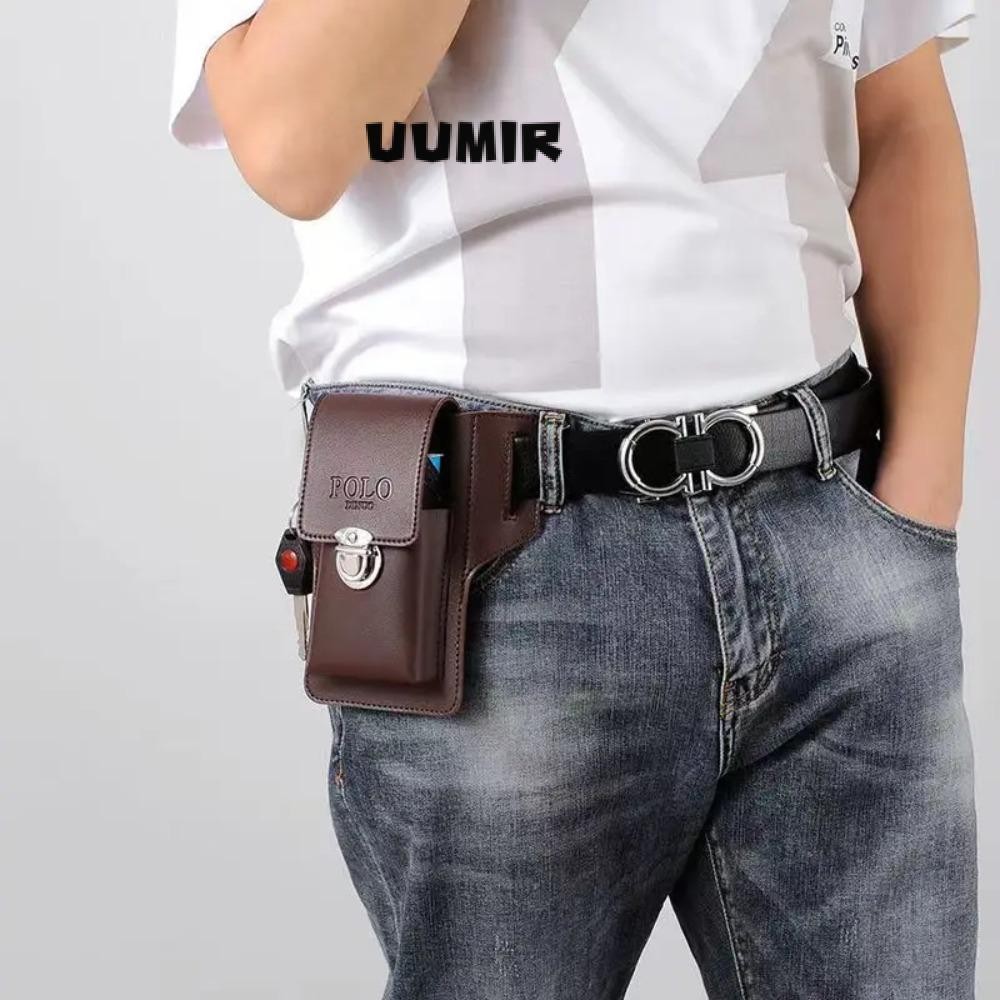 UUMIR เข็มขัดผู้ชายหนังสีทึบ PU Phone Waistpack กระเป๋าหนังวินเทจ