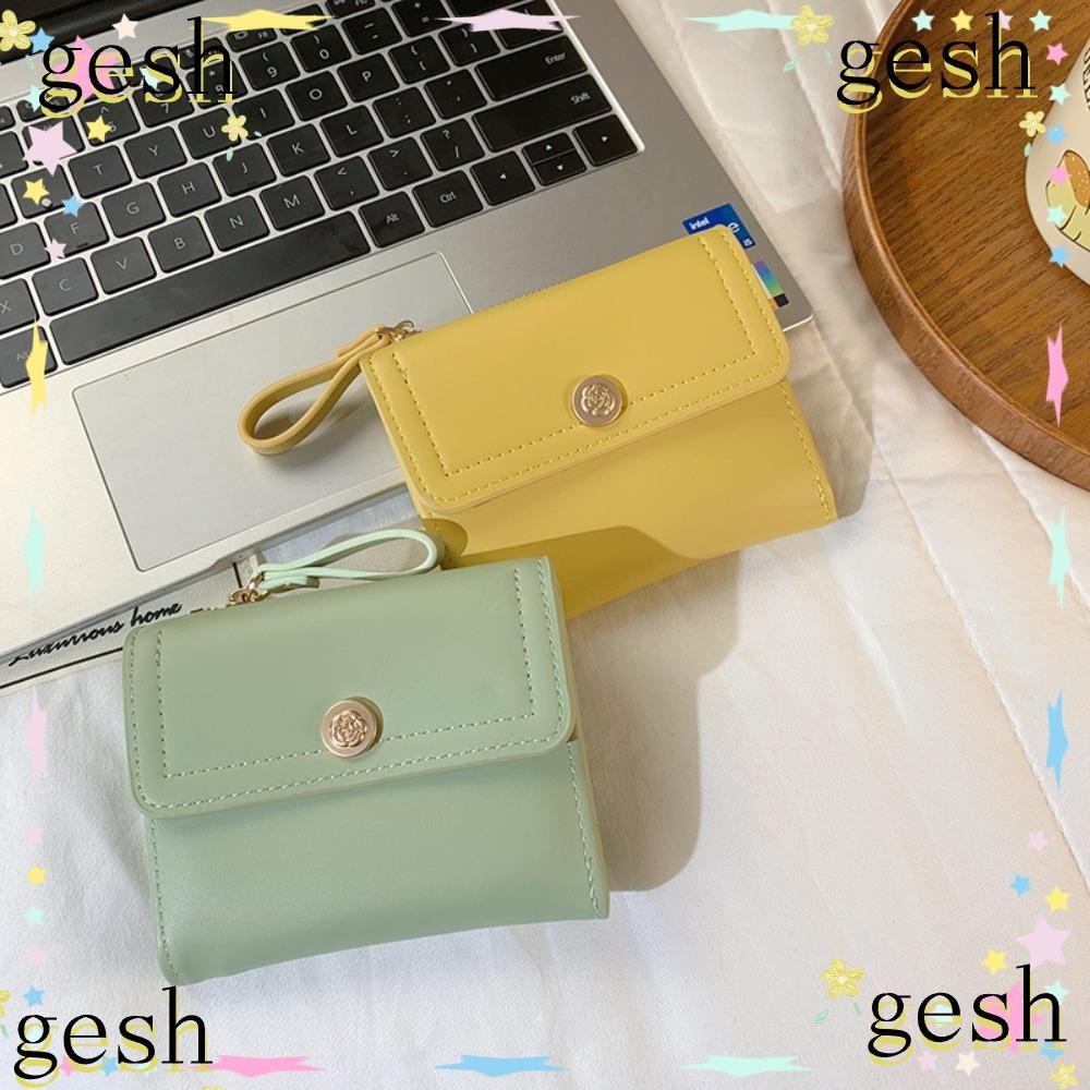 Gesh1 กระเป๋าสตางค์ใบสั้น, กระเป๋าใส่เหรียญสีทึบมัลติฟังก์ชั่น, กระเป๋าใส่บัตรปุ่ม Rose พับสามทบหรูหราผู้หญิง