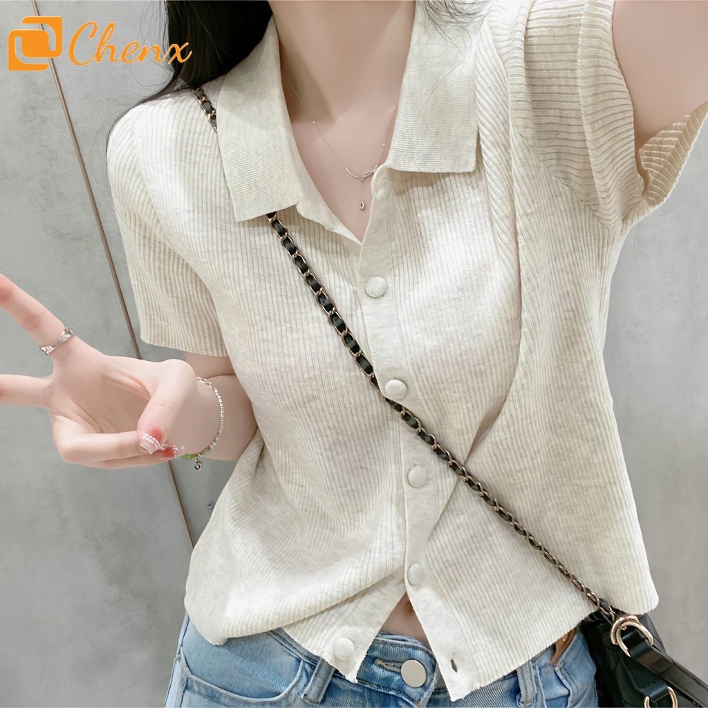 Poloปกสั้นถักเสื้อยืดผู้หญิงM-3XL