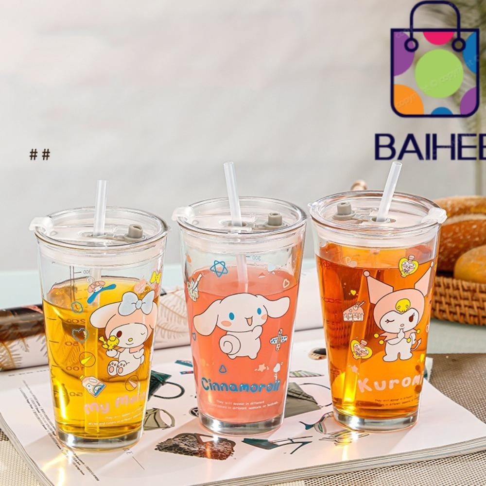 Baihee ถ้วยน้ําแก้วฟาง, การ์ตูน Sanrio 400ml ถ้วยกาแฟ, น่ารัก Kuromi Melody Cinnamoroll พร้อมฝาปิดน้ําผลไม้ขวดนมของขวัญ