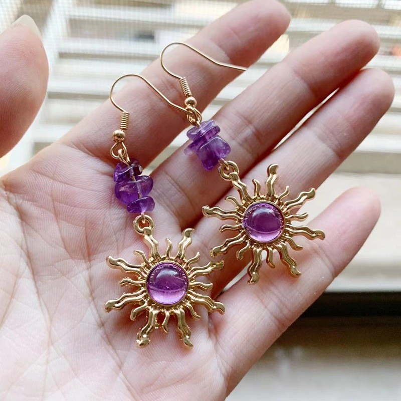 ธรรมชาติสีม่วงกรวดลูกปัด Sun ต่างหู Golden ไม่สม่ําเสมอ Amethyst Chips ต่างหูหิน Eardrops ต่างหู