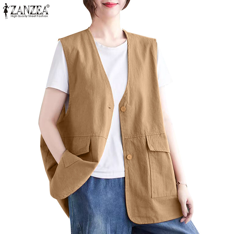 ZANZEA ซานเซีย เสื้อกั๊กแขนกุดสีทึบคอวีลําลองเกาหลีสําหรับผู้หญิง