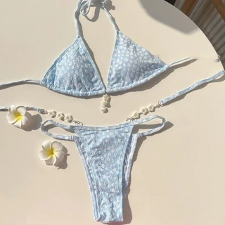 🌸ส่งไวจากไทย 🌸ชุดว่ายน้ำผู้หญิง บิกินี่เซ็กซี่สายฝอ ผูกเอว triangle bikini แต่งจี้มุกเปลือกหอย สีฟ้า