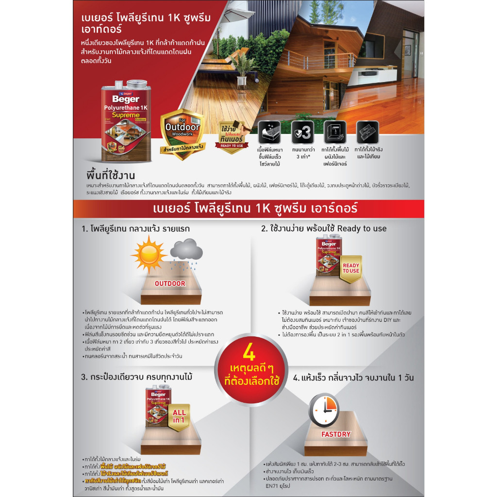 เบเยอร์ โพลียูรีเทน 1K ซูพรีม เอาท์ดอร์ ขนาด 0.3 ลิตร ที่สุดของ โพลียูรีเทน beger 1K สามารถทาไม้กลางแจ้ง supreme - รูปที่ 3