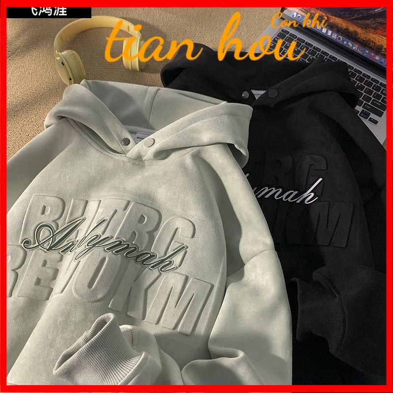 สินค้าใหม่ Feihongya เสื้อสเวตเตอร์ตัวอักษรพิมพ์เหล็กสไตล์อเมริกันสำหรับผู้ชายเสื้อโอเวอร์ไซส์ฤดูใบไม้ร่วงและฤดูหนาวเสื้อโค้ทมีฮู้ดทรงหลวมอินเทรนด์ Erik
