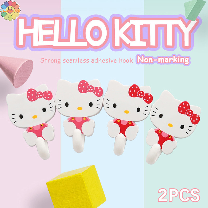 Gogo 2 ชิ้น/เซ็ตการ์ตูนน่ารัก Hello Kitty Punch-free Strong Self กาวตะขอแขวน KT แมวตกแต่งบ้านประตูกลับแขวนผนังของขวัญ TH