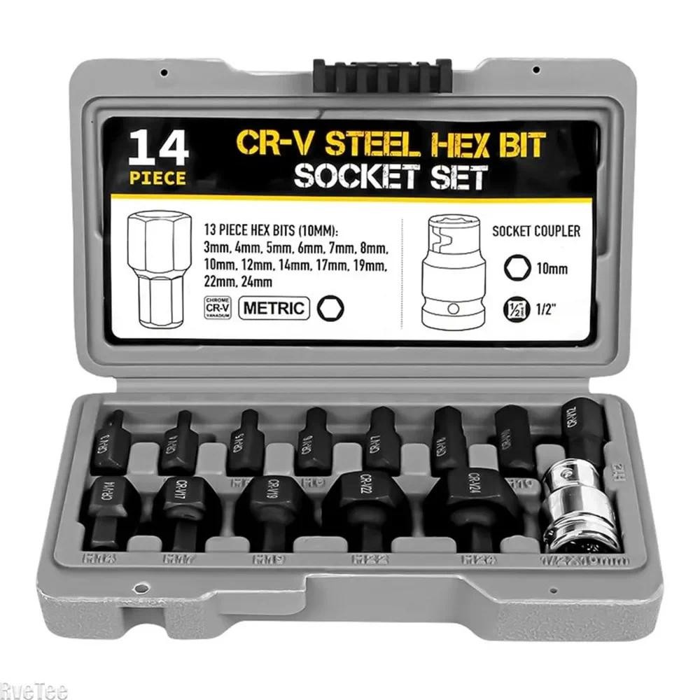 Allen Hex Bit ซ็อกเก็ตชุด 14 ชิ้นหกเหลี่ยมบิตซ็อกเก็ต 3-24 มิลลิเมตร Allen Key สําหรับวงล้อ 1/2 นิ้ว