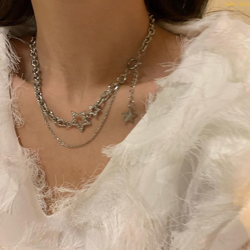Dasbsug Zircon Star Layered พู่สร้อยคอ Choker Y2k เครื่องประดับสําหรับผู้หญิงแฟชั่นสีเงินโซ่เพทาย Charm Necklac