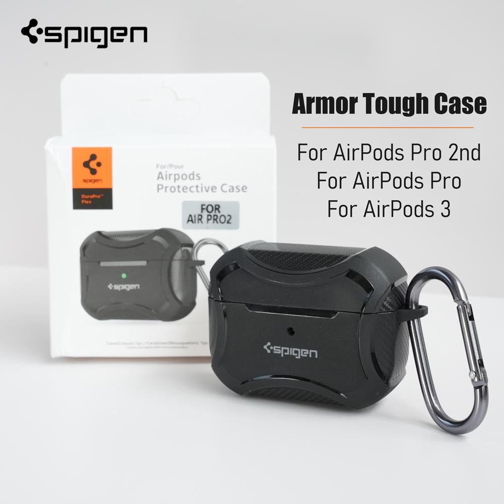 Spigen คาร์บอนไฟเบอร์เกราะหูฟังที่ทนทานสําหรับ Airpods Pro 2/Pro/Airpods 3 เคสป้องกันเต็มรูปแบบพร้อมตะขอโลหะ