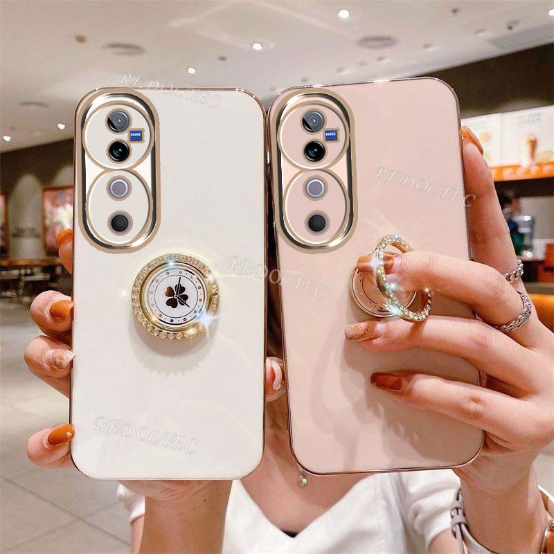 Vivo V40 V40 Pro 5G ปลอก 2024 ออกแบบใหม่กรณี VIVOV40 VIVO V 40 V40Pro VIVOV40Pro หรูหราซิลิโคนนุ่ม Electroplated โทรศัพท์พร้อมแหวนผู้ถือขาตั้ง