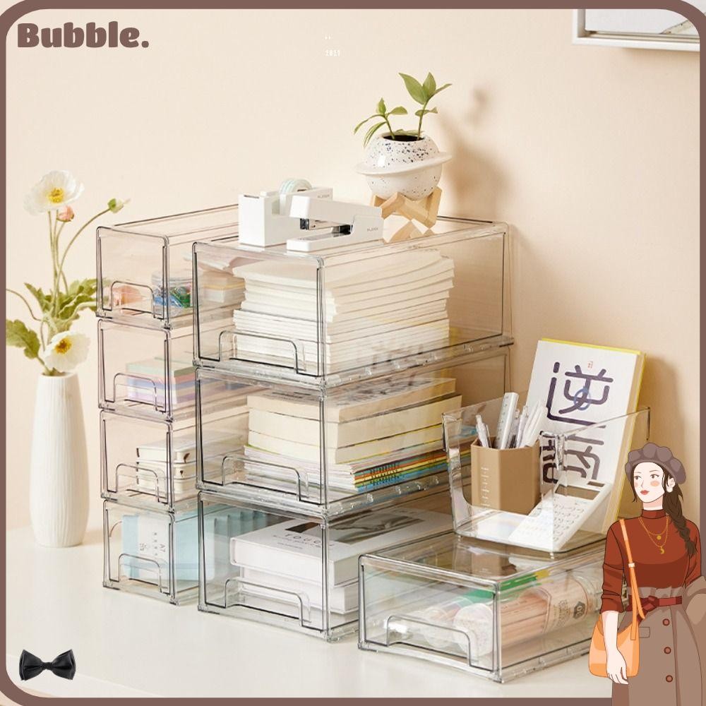 ฟอง กล่องเก็บลิ้นชักตั้งโต๊ะ, ที่เก็บเครื่องสําอางแบบใสวางซ้อนกันได้, ที่ใส่ Sundrie ความจุขนาดใหญ่แบบเรียบง่ายโฮมออฟฟิศ