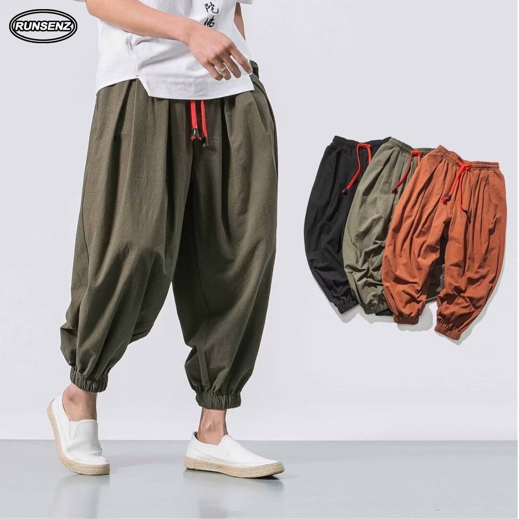 M-6xl Basic Cotton Linen Cropped Pants Men Plus Size Jogger Pants Simple Casual Loose Sweatpants