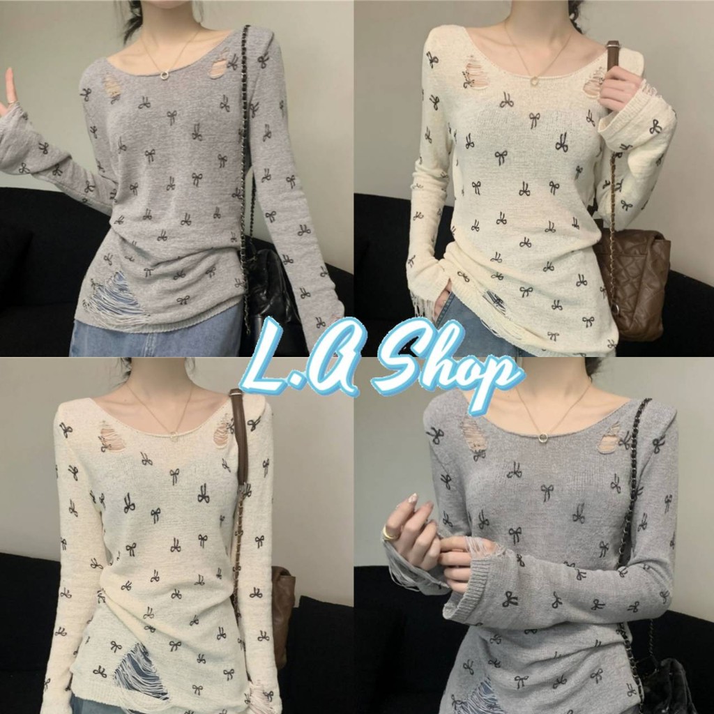 L.A Shop​-​พร้อมส่ง เสื้อไหมพรมแขนยาว คอกลม ดีเทลซีทรูเกาหลี ลายโบว์ "Y6526"