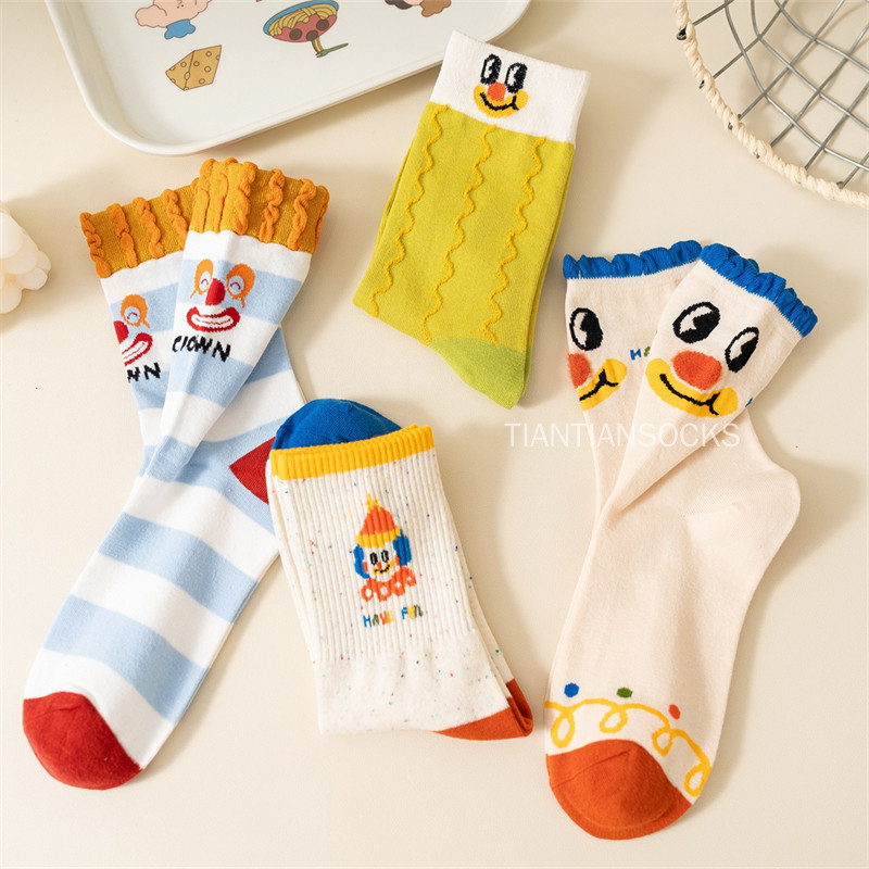 TIANTIAN T376ถุงเท้าลายการ์ตูนสุดคิวท์ สไตล์ตัวตลก แฟชั่นอินสตาแกรม! ถุงเท้ายาวคู่รัก ฝ้ายแท้นุ่มๆ ดีไซน์แปลกตา ลูกไม้เท่ๆ สำหรับสตรีทสไตล์ - รูปที่ 4