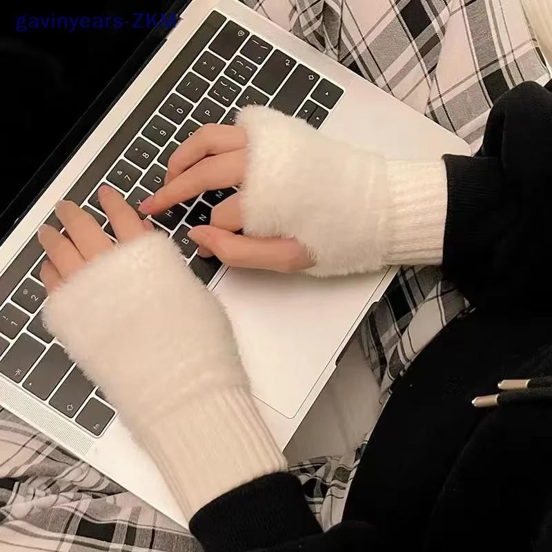 [gavinyears] Mink ขนแกะนุ่มฤดูหนาวความอบอุ่นถุงมือครึ่งนิ้วสําหรับผู้หญิงสีทึบตุ๊กตาถัก Fingerless ถุงมือข้อมือ Mittens Writg [TH]