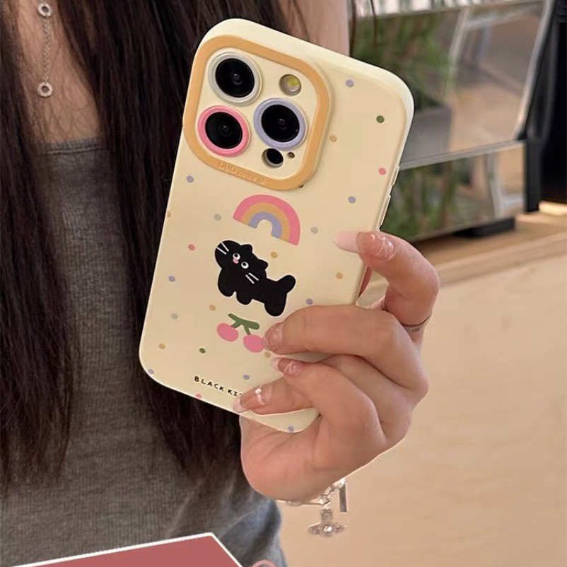 Iphone 16 15 14 13 12 11 Pro Max X Xr Xs Max 7 8 Plus SE2020 เคสโทรศัพท์การ์ตูนสายรุ้งแมวดํานุ่มปกหลัง