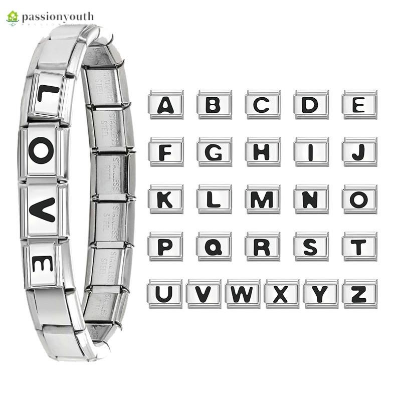 ผู้หญิงแฟชั่น 26 ตัวอักษรอิตาเลี่ยน Charm Links Fit 9 มม.สร้อยข้อมือสแตนเลสทํา DIY เครื่องประดับ