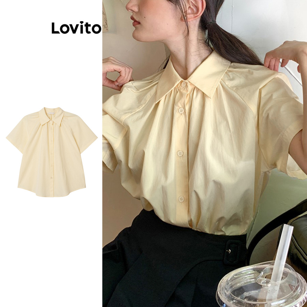 Lovito เสื้อเบลาส์จีบแบบลำลองสำหรับผู้หญิง L95ED265