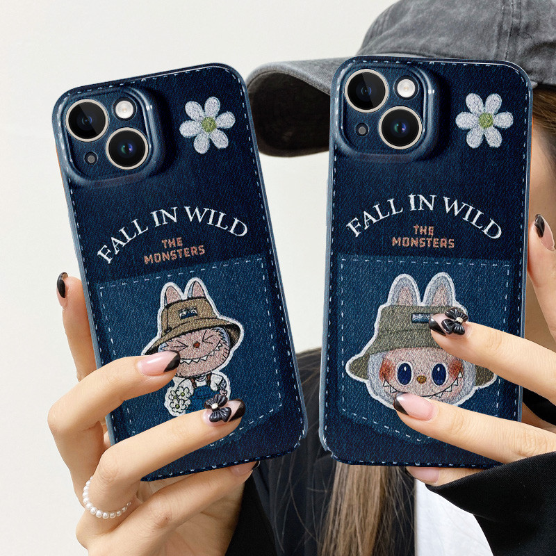 กางเกงยีนส์ น่ารัก labubu สําหรับiphone 15 Pro Max 11 14 XR 13 12 Pro Max 8 7 6 6S Plus X Xs Max Se 2020 13 12 11 Glossy TPUนุ่มกันกระแทกกล้องป้องกัน