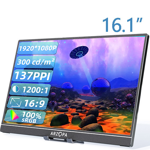 Arzopa จอภาพแบบพกพา, 16.1 "100% sRGB FHD 1080P แล็ปท็อปแบบพกพา USB C HDMI, IPS Eye Care หน้าจอสมาร์ท