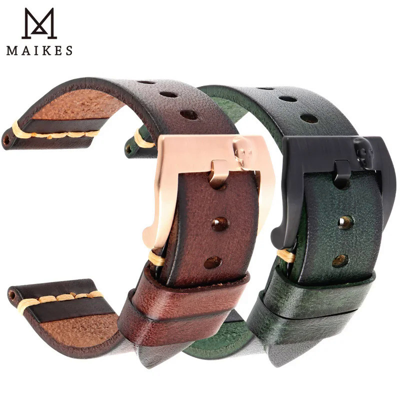MAIKES Handmade Italian Leather Watch Band 18mm 19mm 20mm 21mm 22mm 24mm Vintage Watch Strap For Pan