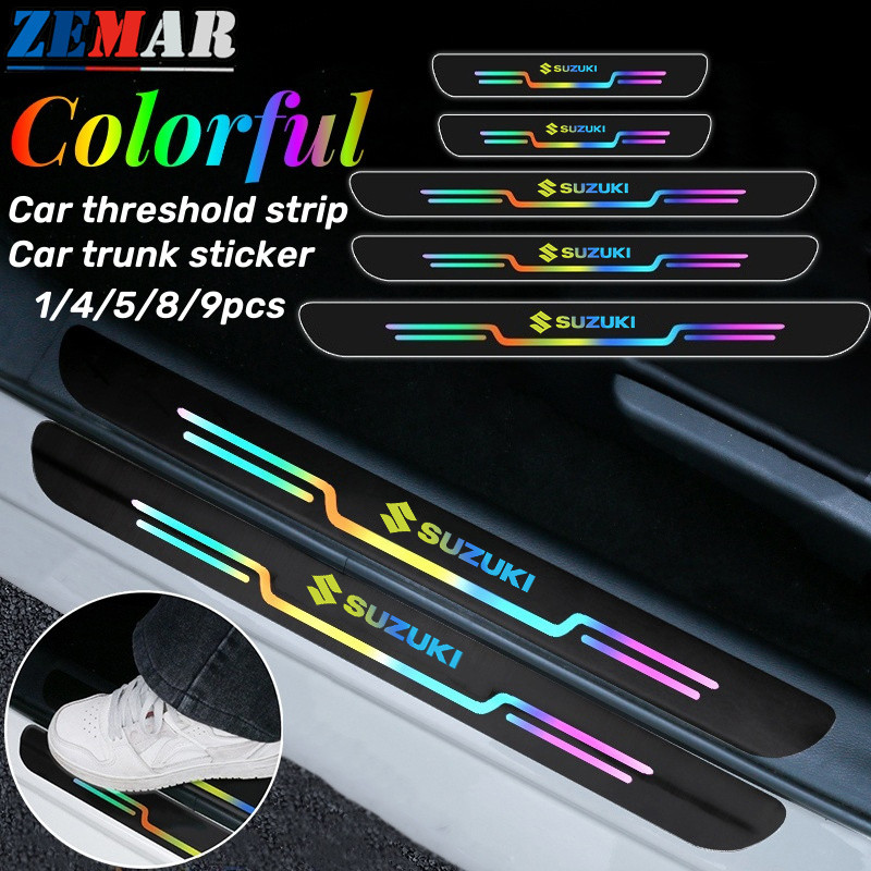 Suzuki สติกเกอร์ติดธรณีประตูรถยนต์ สติกเกอร์สะท้อนแสงสีสันสดใส ป้องกันรอยขีดข่วนป้องกัน สติกเกอร์ป้องกันท้ายรถ Suzuki Jimny Swift Ertiga Celerio XI7 Ciaz