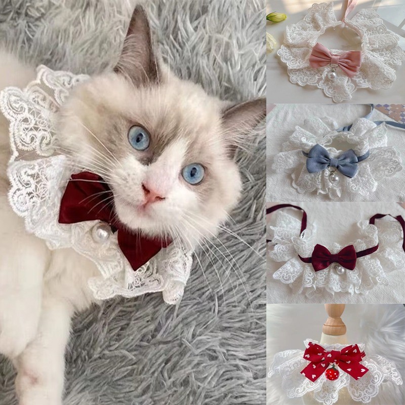 ลูกไม้ Bowknot Pearl Collar แมวสุนัข Neckerchief สัตว์เลี้ยงแมวลูกแมวสุนัขลูกสุนัข String Bib สร้อยคอเนคไทสายคล้องคอผ้าพันคออุปกรณ์เสริม