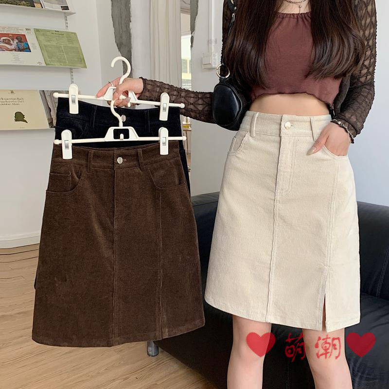 กระโปรงครึ่งความยาวกระโปรงสั้น Corduroy กระโปรงครึ่งความยาวผู้หญิง 2024 ฤดูใบไม้ร่วงฤดูหนาวกลางความยาว A-Line แคบด้านข้าง Slit A-Line ขนาดใหญ่ Hi
