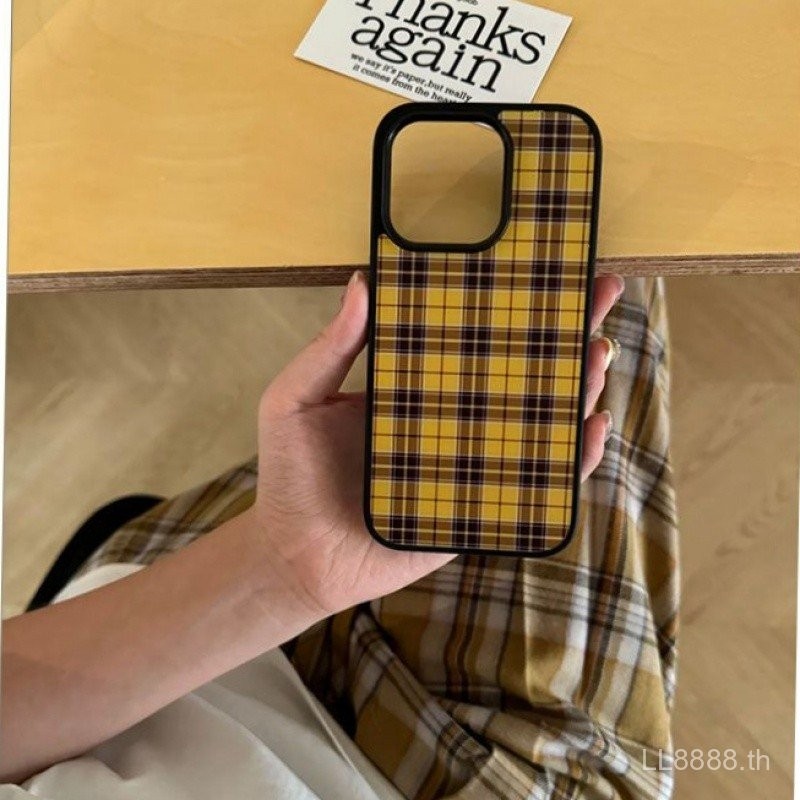 เคสโทรศัพท์มือถือสำหรับ iPhone สีเหลืองลายสก๊อต15Promax/14/16วินเทจ11/12/13Pro INS เฉพาะสไตล์ xsmax/XR กันกระแทก7/8PLUS เคสป้องกันแบบเต็มรูขนาดใหญ่2ufh