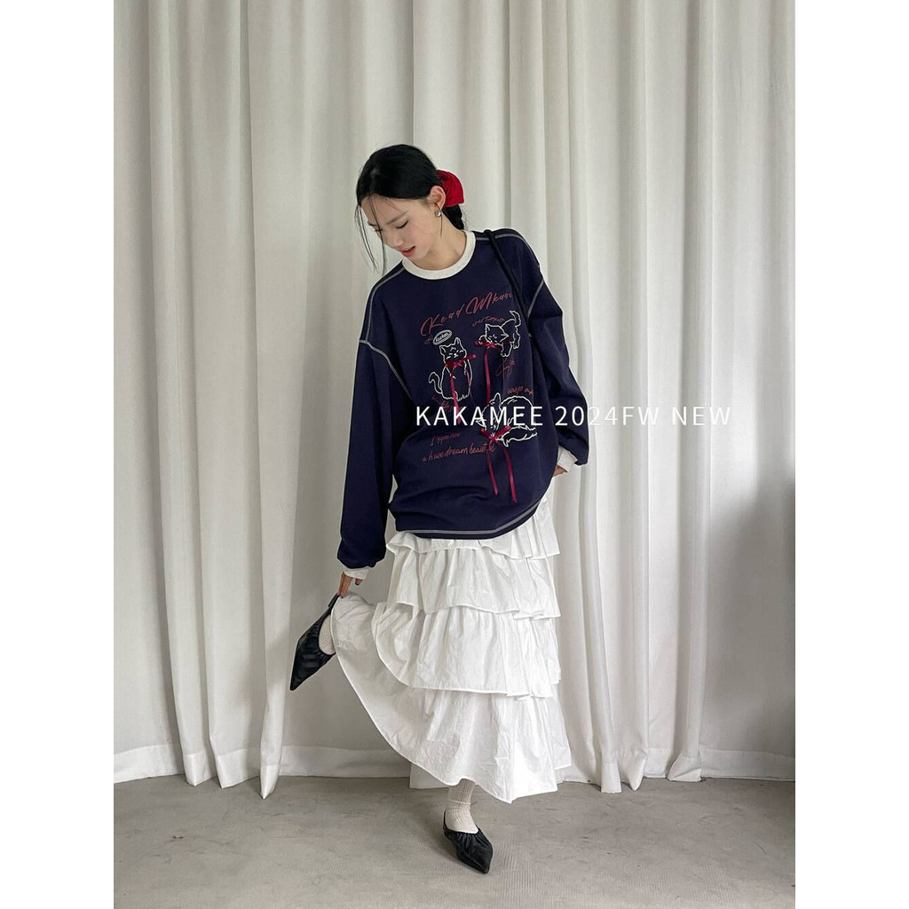 การ์ตูนการ์ตูนแมวพิมพ์โบว์เสื้อแขนยาวผู้หญิงฤดูใบไม้ร่วงสไตล์ใหม่หลวมด้านบน