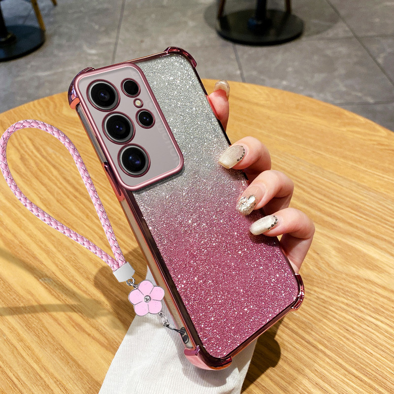 SAMSUNG ปลอกสําหรับsamsung Galaxy S23 S24 S25 Plus S23 S24 S25 Ultra S23 S24 FE S23 + S24 + S25 + หรูหราสี่มุมAnti Drop Glitterผงฝาครอบป้องกันดอกไม้เชือกแขวน