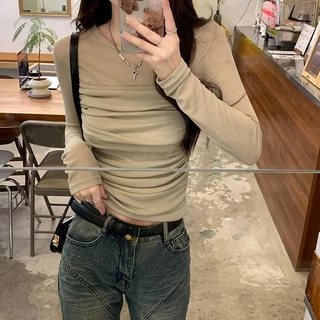 KOKO#เสื้อยืดตาข่ายเซ็กซี่ เสื้อวินเทจ ทรงสลิม คอกลม สำหรับผู้หญิง แขนยาว ดีไซน์จีบ แฟชั่นสไตล์เกาหลี#W458