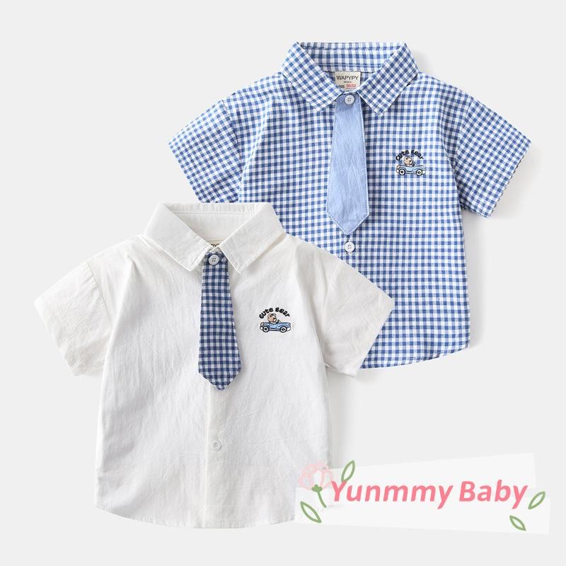 Kid Boy paying เสื้อลายสก๊อตสไตล์ Preppy หลวมคอปกแขนสั้นปุ่มลงเสื้อพร้อมเนคไทสําหรับฤดูร้อน