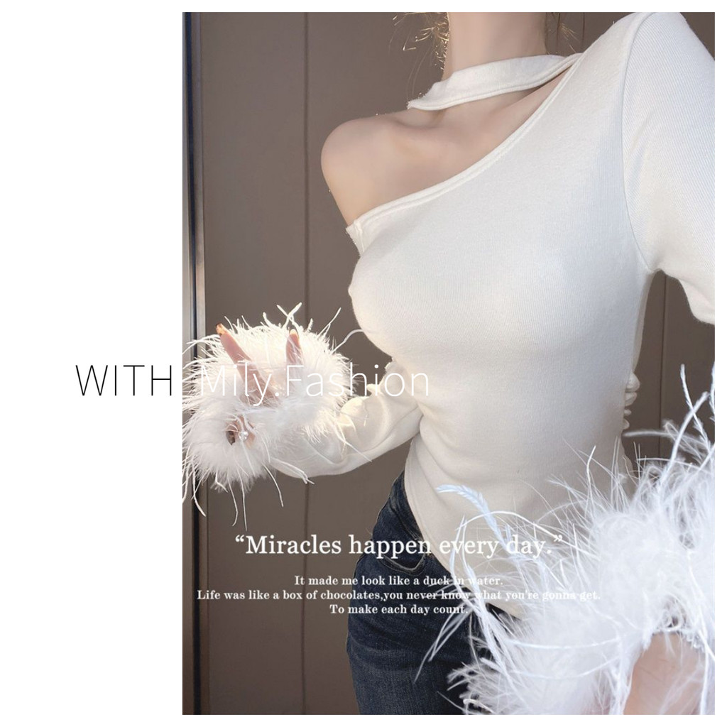 Milyfashion 2024ฤดูใบไม้ผลิที่บริสุทธิ์สำหรับสาวฮอตเซ็กซี่เสื้อขนยาวเปิดไหล่แบบสั้นคอสำหรับผู้หญิงเสื้อตัวในสีขาวสำหรับฤดูใบไม้ร่วงและฤดูหนาว