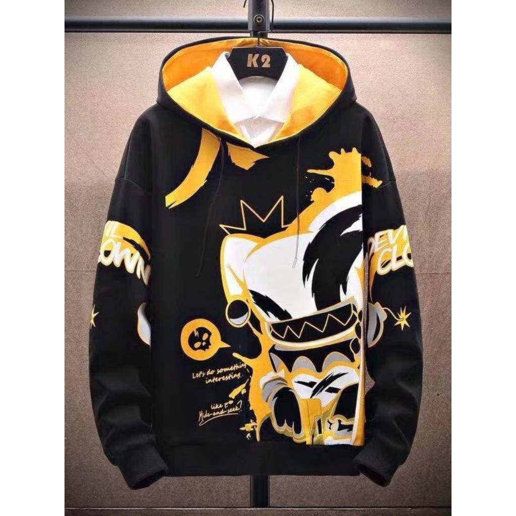 เสื้อจั๊มเปอร์แขนยาว มีฮู้ด พิมพ์ลายการ์ตูน ทรงหลวม แฟชั่นฤดูใบไม้ร่วง และฤดูหนาว สําหรับผู้ชาย