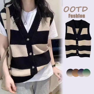 KOKO#เสื้อกั๊กไหมพรมถักลายทางย้อนยุคเสื้อคาร์ดิแกนถักลายกระด…