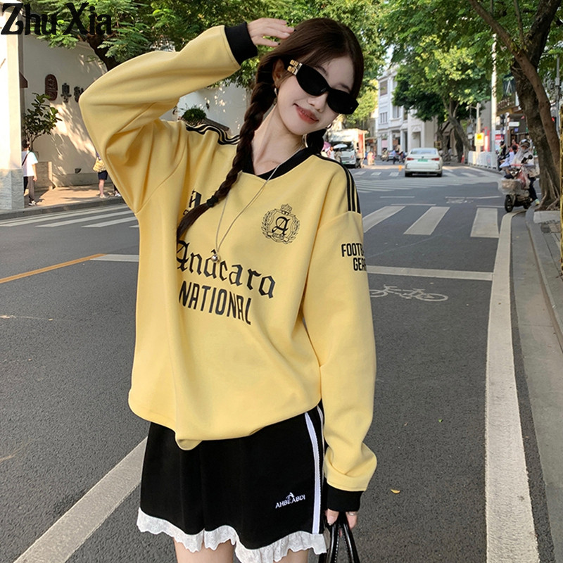 Zhu Xia เสื้อกันหนาวผู้หญิง American Street Vintage พิมพ์หลวม V คอกระชับสัดส่วนเสื้อแขนยาว