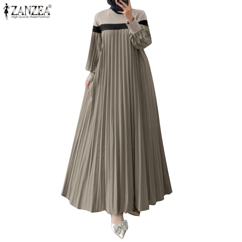 Zanzea ชุดเดรสเย็บปะต่อสตรีมุสลิมสีตัดกันแขนยาวจีบ A-Hem